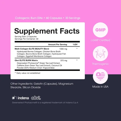 Vista 2 de Obvi Burn Elite Favorece el aumento del metabolismo, la energía y la concentración Suplemento con colágeno y té verde Favorece la salud