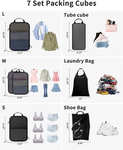 Vista 2 de Ceneda Juego de 7 cubos de compresión de embalaje para viajes, bolsas organizadoras de equipaje, organizador de maleta para artículos esenciales
