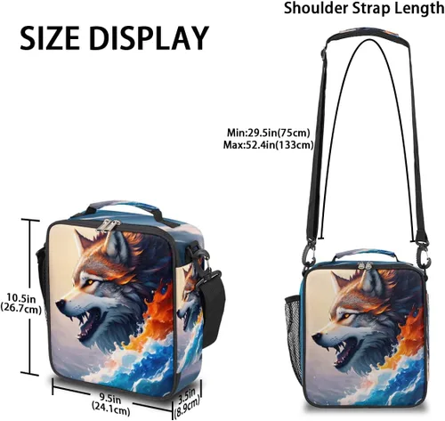 Vista 4 de Lonchera de lobo para niños, colorida caja de almuerzo con diseño de olas del océano para niños, reutilizable, aislada, impermeable, con correa