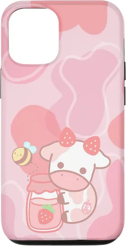 Vista 27 de Funda Kawaii para iPhone 12, diseño de vaca fresa, color rosa