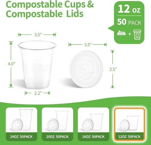 Vista 4 de Tazas de café helado desechables de plástico transparente compostable de 12 onzas con tapas planas, tazas biodegradables para beber frío para llevar