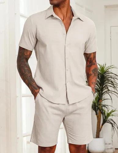 Vista 6 de COOFANDY Conjunto de 2 piezas de algodón y lino para hombre, camisas de manga corta con botones, pantalones cortos de playa de verano, trajes