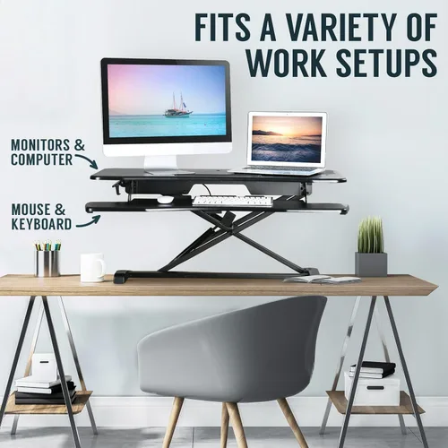 Vista 5 de TechOrbits - Convertidor de escritorio de pie, regulable, para sentarse y pararse, madera de fibropanel de densidad media, bandeja para teclado