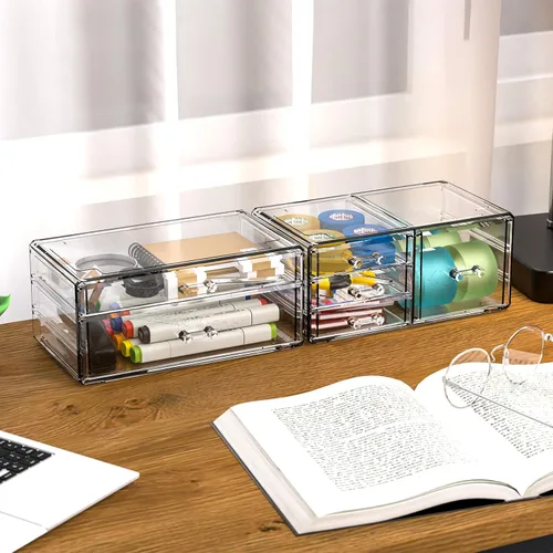 Vista 2 de Cq acrylic Paquete de 2 organizadores de escritorio transparentes con cajones, organizador apilable de 6 cajones para el cuidado de la piel, lindos