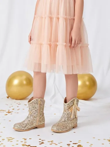 Vista 2 de Coutgo Botas vaqueras para niñas, botas de tacón bajo con purpurina, botas Dorado
