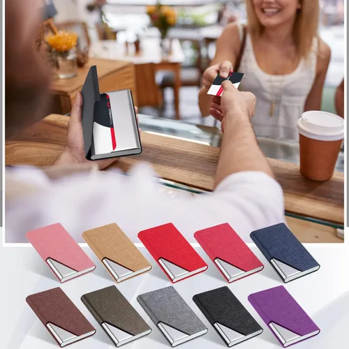 Vista 6 de Yexiya Estuche profesional para tarjetas de visita, 10 unidades, piel sintética y bolsillo de acero inoxidable, cartera de crédito delgada de metal