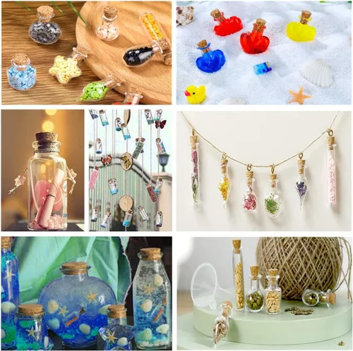 Vista 7 de 25 mini botellas de vidrio con tapas de corcho, 5 formas clásicas, pequeños frascos de vidrio, botellas de deseos, pequeños frascos decorativos