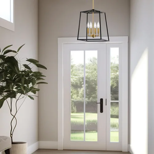 Vista 8 de Kira Home Bellevue - Lámpara colgante moderna de 16 pulgadas, 4 luces, lámpara colgante de metal geométrico dorado y negro, latón cálido y acabado