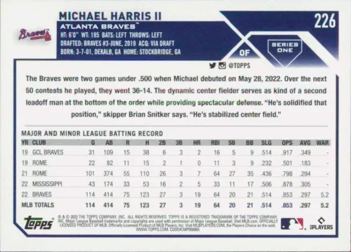 Vista 2 de 2023 Topps #226 Michael Harris II RC Rookie Atlanta Braves Baseball Trading Card