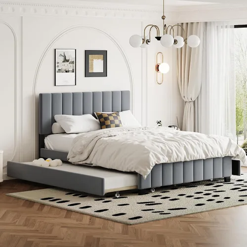 Vista 14 de Harper & Bright Designs - Base de cama tapizada de tamaño Queen, plataforma de terciopelo de madera con cabecero con patrón de flores