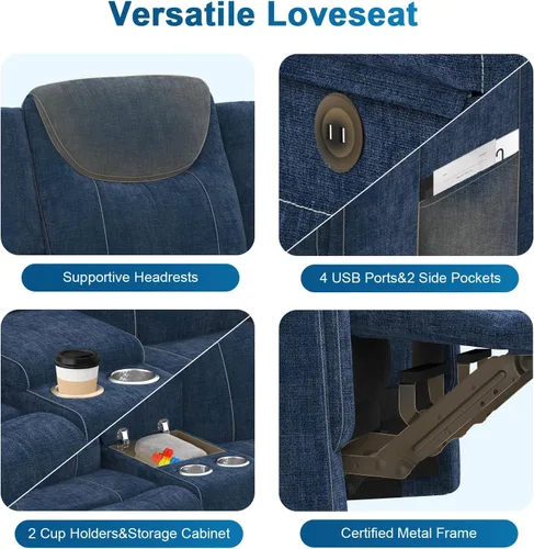 Vista 4 de Dresegmt Sofá reclinable, 2 vías multifunción manual de 3 plazas con portavasos, almacenamiento y puertos USB, moderno sofá multifuncional, sofá