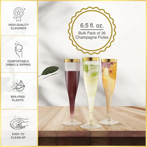 Vista 4 de 36 copas de champán de plástico, vasos de plástico de 6.5 onzas, borde dorado y purpurina dorada, decoración de brunch, flautas de plástico
