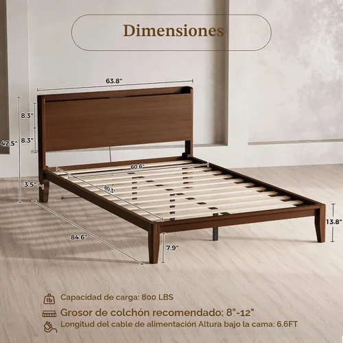 Vista 2 de PRAISUN Marco de cama Queen de madera de bambú con estación de carga y Espresso