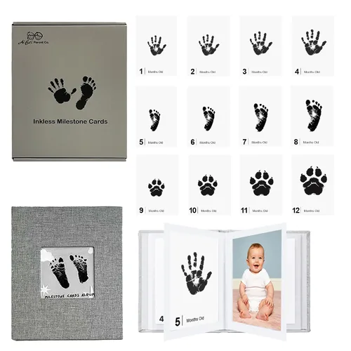 Vista 14 de Little Lullaby - Tarjetas de hitos sin tinta para manos y huellas, kit de almohadilla de tinta para recuerdos para bebé recién nacido (paquete de 6)