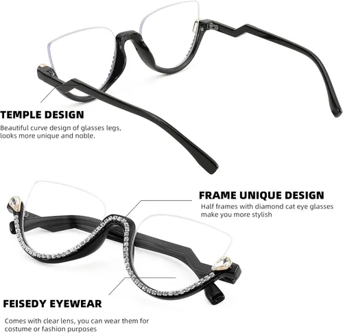 Vista 4 de FEISEDY Gafas de bloqueo de luz azul para mujer, gafas de ojo de gato con incrustaciones de diamante antifatiga ocular B2995
