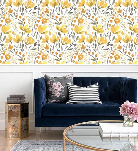 Vista 3 de Blooming Wall Papel tapiz autoadhesivo autoadhesivo con diseño de acuarela transparente transparente amarillo fresco floral Kapok