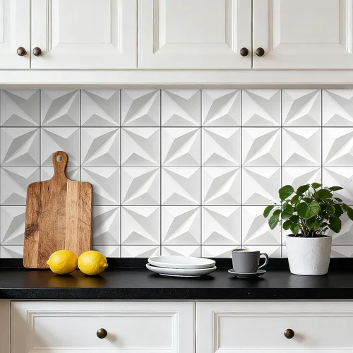 Vista 3 de FunStick Papel tapiz 3D de azulejos blancos modernos para despegar y pegar para dormitorio, cocina, sala de estar, pared de acento autoadhesivo
