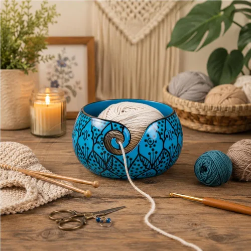 Vista 17 de Nagina International - Tazón de cerámica pintado a mano con hermoso diseño de gres con innovadora espiral para dispensar Accesorios para tejer