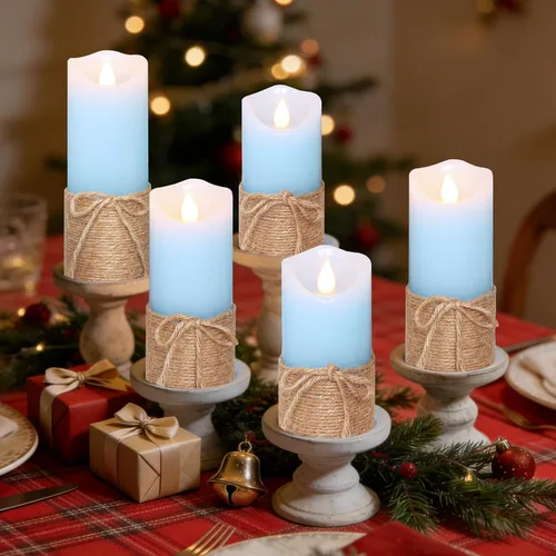 Vista 7 de Crystal Club Velas azules sin llama, juego de 5 velas LED con temporizador, juego de velas de cera real con control remoto para decoración del hogar