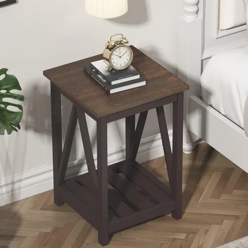 Vista 10 de ChooChoo - Mesa auxiliar estilo granja, mesa auxiliar rústica vintage con estante de almacenamiento para espacios pequeños, mesita de noche