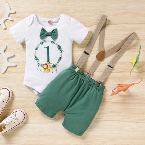 Vista 2 de GRNSHTS Ropa divertida de primer cumpleaños para bebé niño, mameluco con pajarita, mameluco para tartas