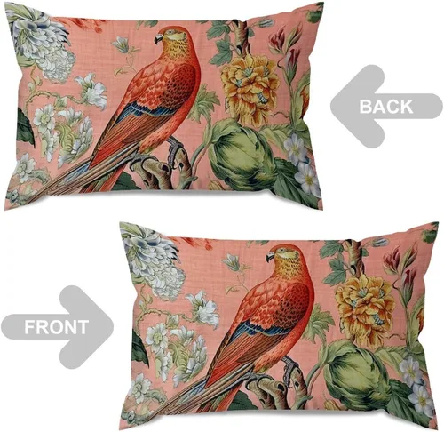 Vista 4 de ArogGeld Fundas de cojín de estilo chinoiserie, diseño de flores y pájaros, color rosa rubor, diseño de animales de pavo real, jardín asiático