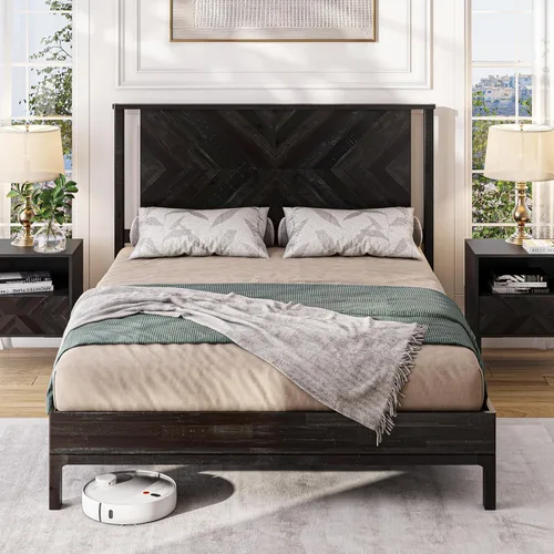 Vista 14 de Estructura de cama Queen en forma de trapecio de Bme – Cama moderna de madera maciza con cabecero de patrón suave, patas de metal negro, acabado