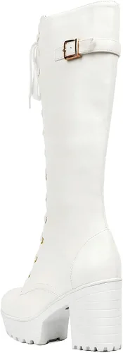 Vista 48 de Parisuit Botas góticas altas hasta la rodilla con hebilla de plataforma para mujer, tacón alto grueso, con cordones, botas de combate punk, con Negro