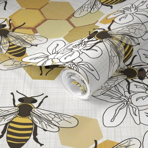 Vista 2 de Spoonflower Muestro de papel tapiz extraíble - Abejas de miel Especies en peligro de extinción Animales Flores de abeja Panal Insectos blancos Papel