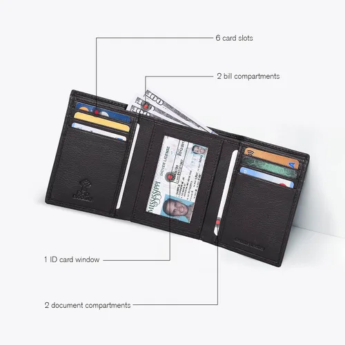 Vista 2 de ESTALON Billeteras delgadas RFID para hombre - Cartera de cuero genuino con bolsillo frontal triple, Marrón medio , Billetera triple