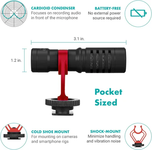Vista 3 de Movo Kit de vlogging para teléfono inteligente para iPhone con micrófono de escopeta, mango de agarre, correa de muñeca para teléfonos inteligentes