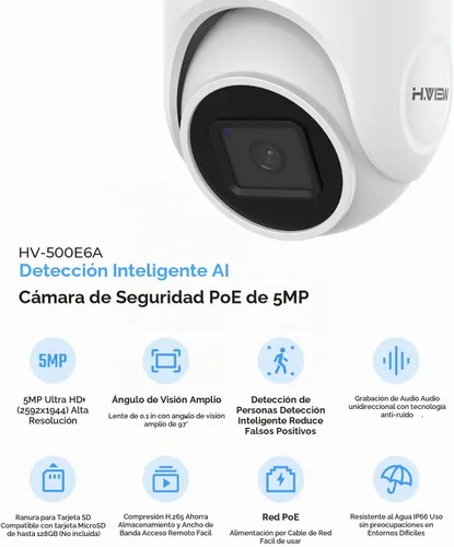 Vista 4 de (Compatible con Hikvision) H.VIEW Cámara POE para exteriores de 5 MP con torreta de seguridad IP, visión nocturna IR de 100 pies, lente fija