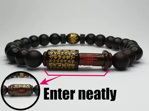 Vista 3 de Pulsera budista 1 pieza del zodiaco chino budismo hecho de árbol de azufaifo y tres dijes (energizar, logro, salud) incluidas palabras de Buda