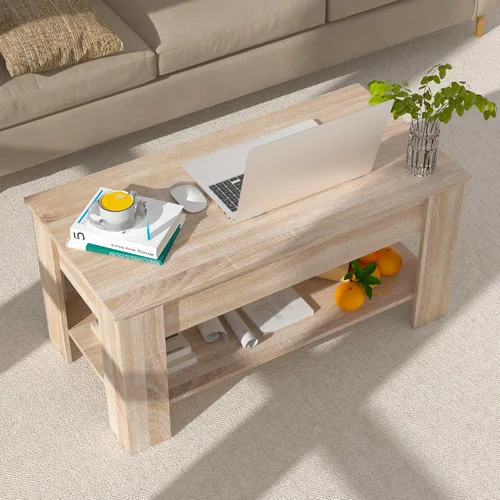 Vista 8 de Mesa de centro elevable con almacenamiento para sala de estar, mesa consola de madera rústica, mesa de té central de escritorio oculta para muebles