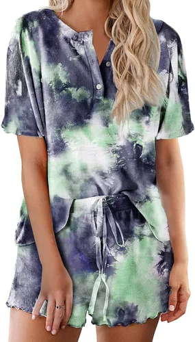 Vista 41 de Ekouaer Conjunto de pijamas teñidos con técnica tie dye para mujer, ropa de dormir, 2 piezas, conjuntos de pijamas, ropa de relajación A-tie Dye