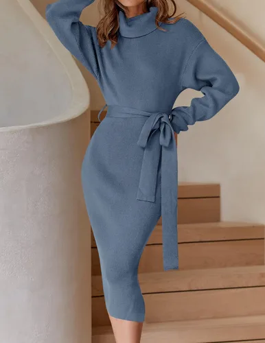 Vista 3 de ZESICA - Vestido por debajo de la rodilla de suéter, de cuello alto, para mujer, de manga larga, de punto acanalado, con abertura y cinturón