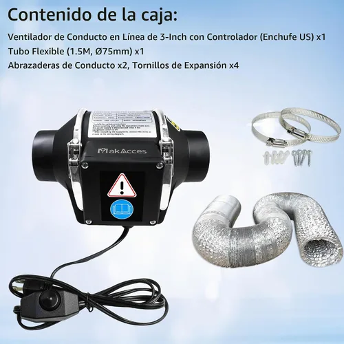 Vista 7 de Ventilador de conducto en línea de 3 pulgadas con controlador de velocidad variable y tubería, extracción de olores de humo eficiente, motor