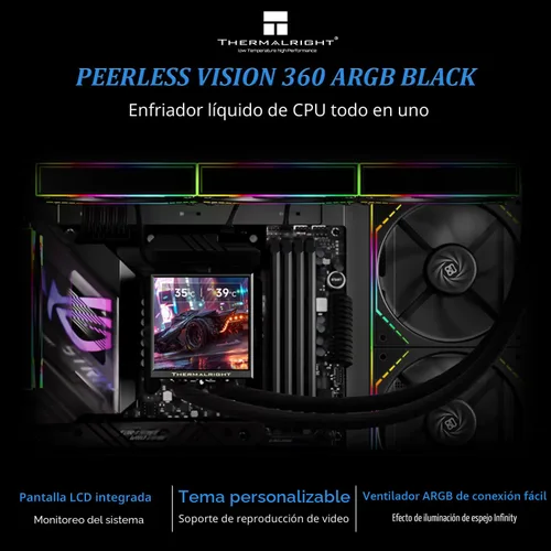 Vista 2 de Thermalright Peerless Vision 360 ARGB - Enfriador líquido de CPU Aio negro, pantalla IPS con resolución de 480 x 480, 60 HZ, ventilador de CPU