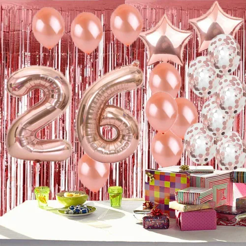 Vista 6 de Decoraciones de cumpleaños número 26, suministros de fiesta, globos de oro rosa del número 26, globos de Mylar 26, cortinas de flecos de papel