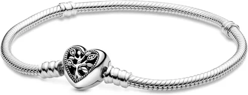 Vista 2 de PANDORA Moments Pulsera de cadena de serpiente con cierre de corazón de árbol genealógico – Dijes compatibles con Moments – Pulsera de plata de ley