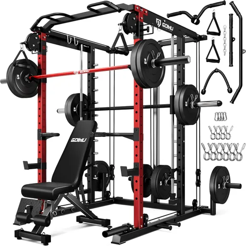 Vista 11 de Máquina S1-V4 Smith, jaula de potencia de 2000 libras con sistema de cruce de cables, estante de sentadillas todo en uno con barra Smith