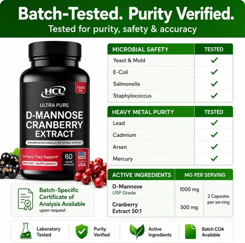Vista 10 de HCL HERBAL CODE LABS Cápsulas de D-manosa con extracto de arándano de 1500 mg - Suplemento D-manosa de grado USP de alta potencia con polvo