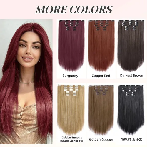Vista 6 de Extensiones de cabello sintético con clip, color burdeos de 18 pulgadas de largo, invisibles, gruesas, extensiones de cabello lacio con clips, 5