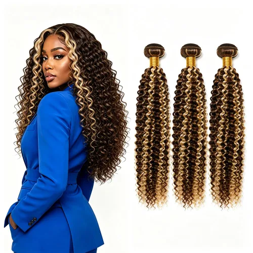 Vista 26 de P4613 Cabello humano rizado onda profunda marrón y paquetes mixtos 8 10 12 P4613 Ombre Marrón-Rubio-DP