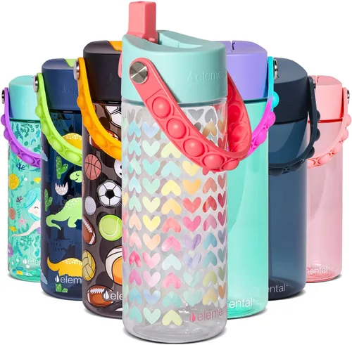 Vista 27 de Elemental Botellas de agua para niños – Botella de agua para niños Splash para la escuela con mango Pop-it – Botella de agua de plástico Tritan sin