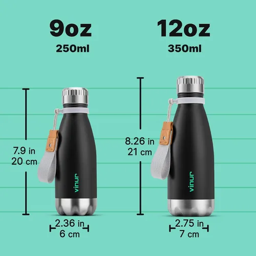 Vista 5 de VINUR Botella de agua para niños, 9 onzas, acero inoxidable, doble pared, aislada al vacío, botella de agua para la escuela, frasco en forma de cola