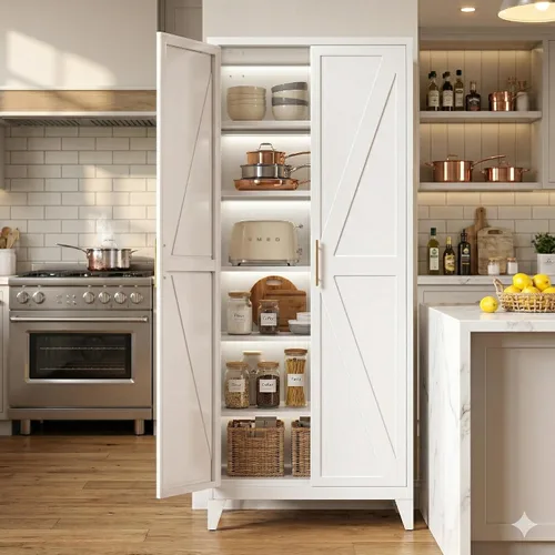 Vista 9 de Armario de almacenamiento de despensa de cocina arqueado de 73 pulgadas de alto con 4 puertas y 1 cajón, estantería de metal para oficina en casa