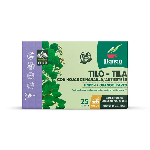 Vista 4 de Hanan Peruvian Secrets Té de hierbas de tilo y naranja, 100% natural, 25 bolsas de té