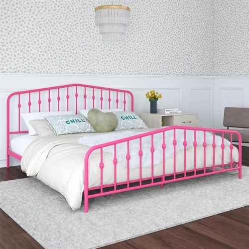 Vista 26 de Novogratz Bushwick - Marco de cama Queen de metal con cabecera ligeramente triangular, husillos insertados, base ajustable para almacenamiento,