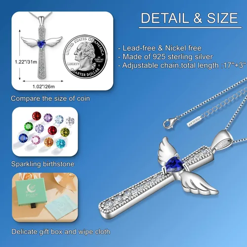 Vista 5 de FULULAY Collar de cruz para mujer, plata de ley 925 con piedra natal religiosa cristiana de Jesús, Oro Blanco